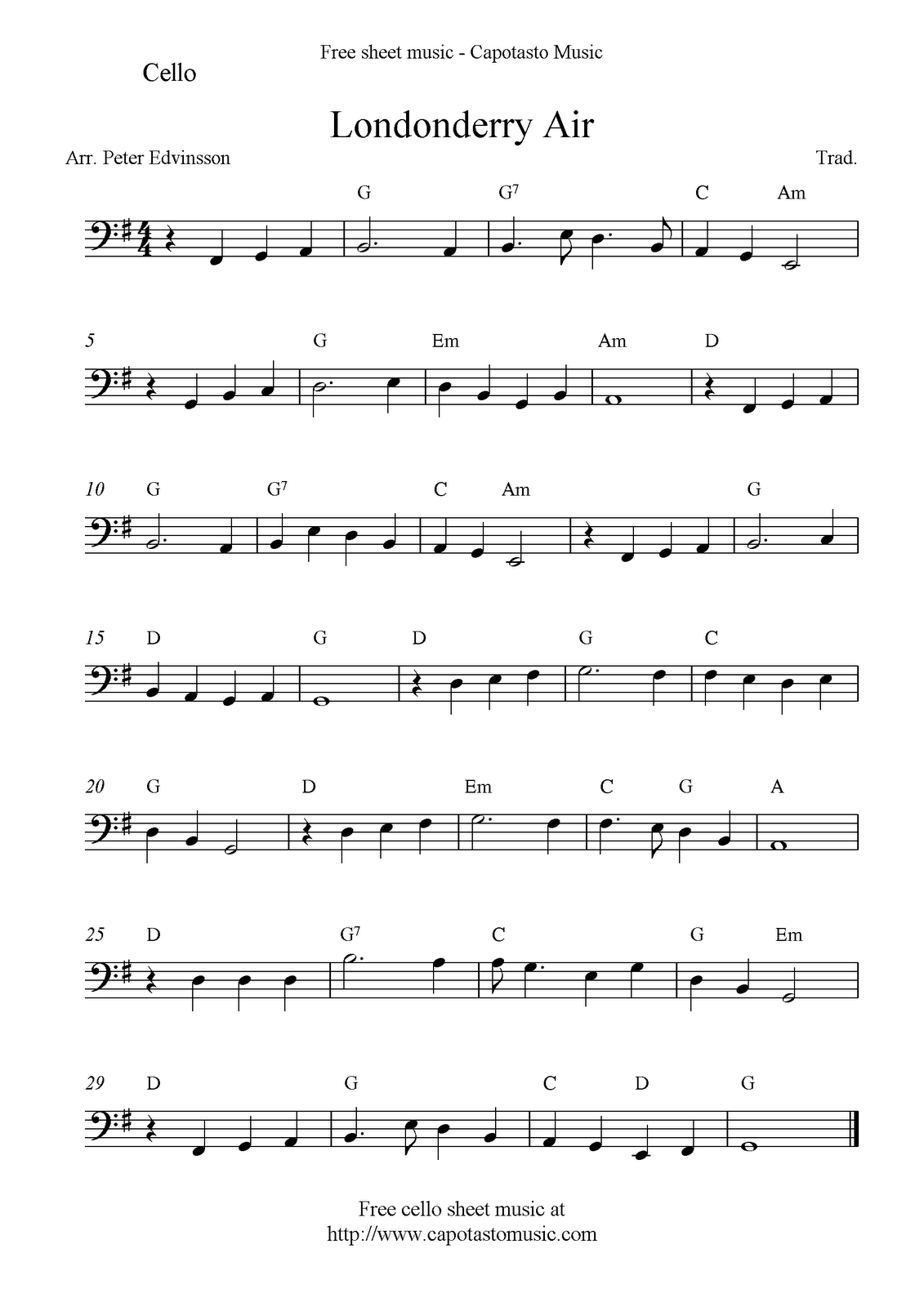 Danny Boy (Londonderry Air), free cello sheet music notes