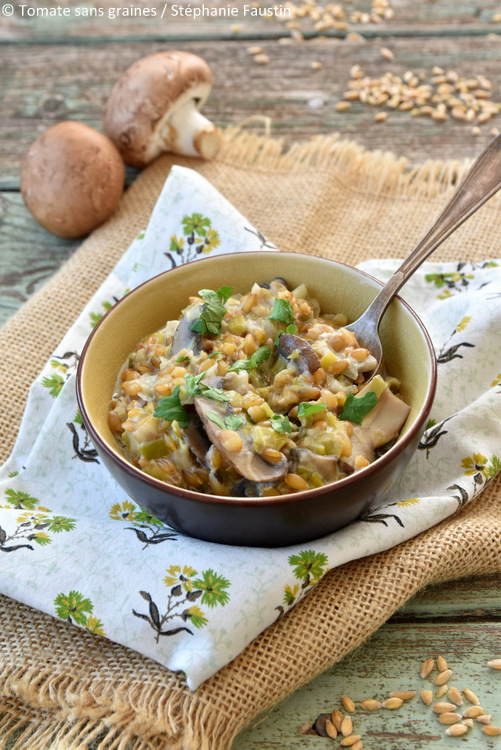 Risotto de petit épeautre aux poireaux et champignons Un Pas Plus Vert