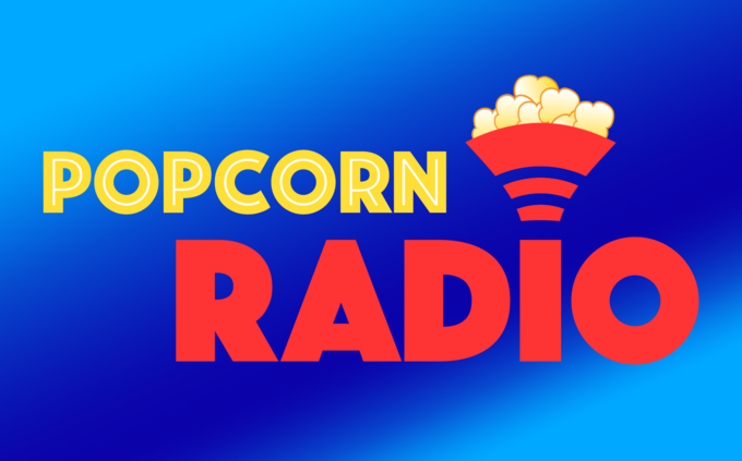 Blue and Light Blue Popcorn Radio Button With Yellow And Red Text To Listen To Podcast Episodes And Music