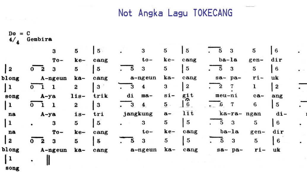 Not Angka Lagu Tokecang Lagu Daerah Jawa Barat Dunia Lirik Not Lagu