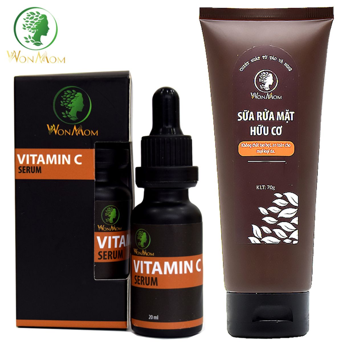 BỘ DƯỠNG DA MẶT ORGANIC, LÀM SẠCH DA, NGĂN NGỪA MỤN, TRẮNG SÁNG DA MẶT WONMOM (1 SỮA RỬA MẶT + 1 SERUM VITAMIN C)