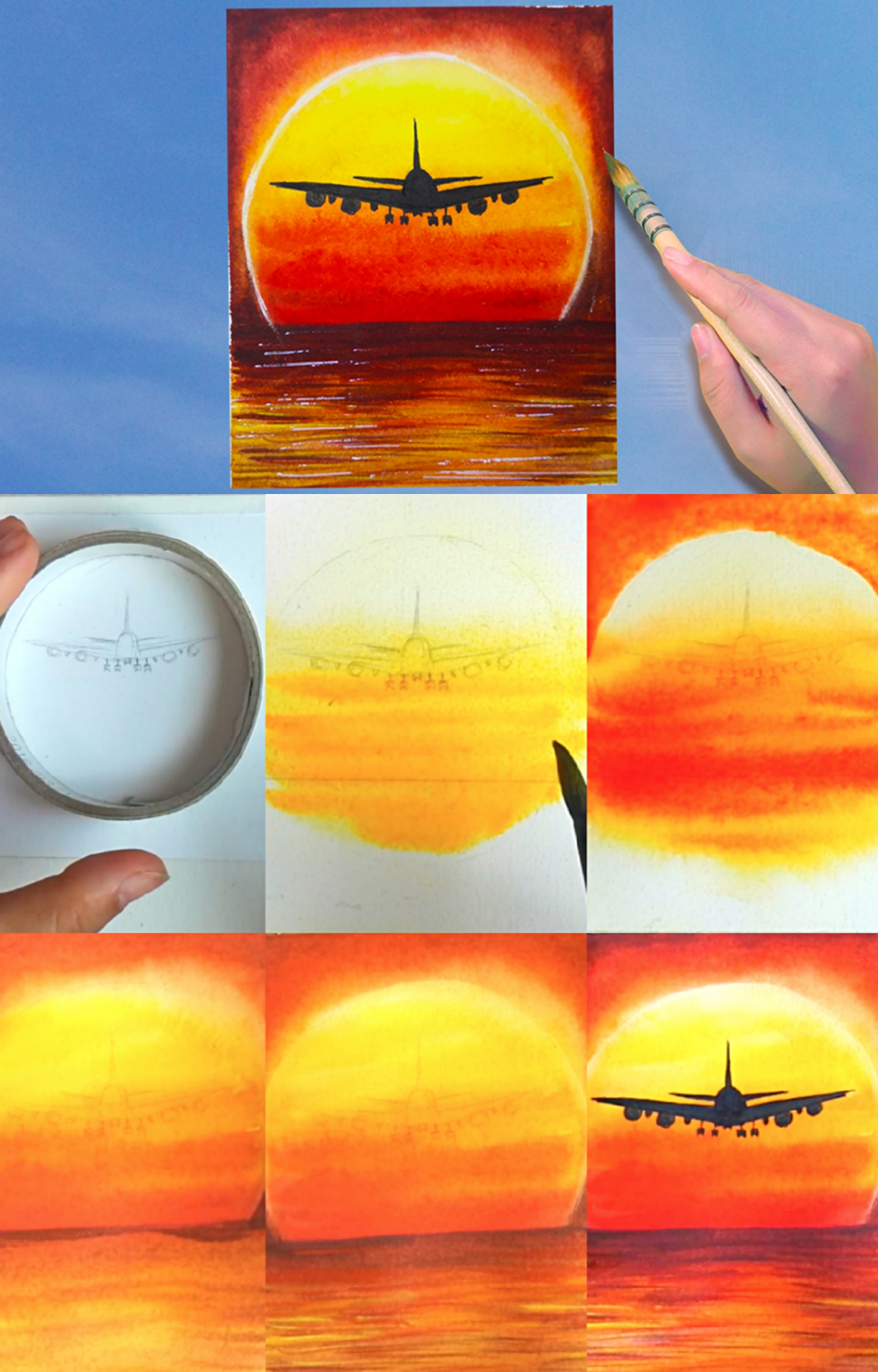 How to draw Watercolor airplane in the sunset landscape step by step