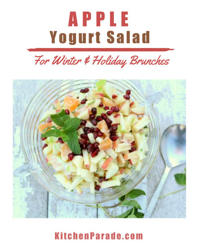 Apple Yogurt Salad ♥ KitchenParade.com, a winter fruit salad, just apples with Greek yogurt, tangerines, pomegranate, fresh mint and a touch of cardamon. Great for winter brunches, Christmas morning, light holiday desserts. Weight Watchers Friendly. Weeknight Easy, Weekend Special. Gluten Free.