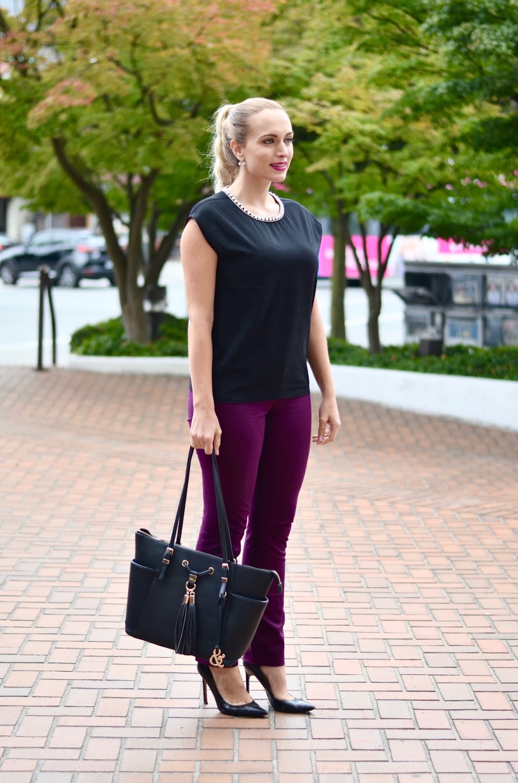 aubergine pants office wear outfit