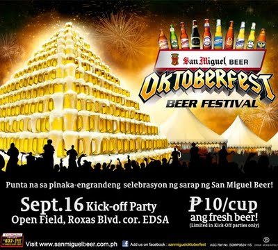 Oktoberfest, San Miguel Beer (SMB) Oktoberfest 2011, is coming! In an infographic posted on its official website, the company says the kick-off party will be staged at the Open Field, Roxas Boulevard corner EDSA on September 16, 2011.