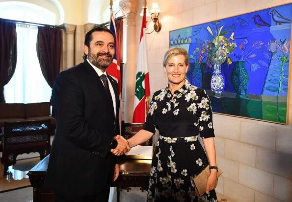 Countess of Wessex wore Suzannah peace lily shirt dress. Prime Minister of Lebanon, Saad Hariri. President Michel Aoun