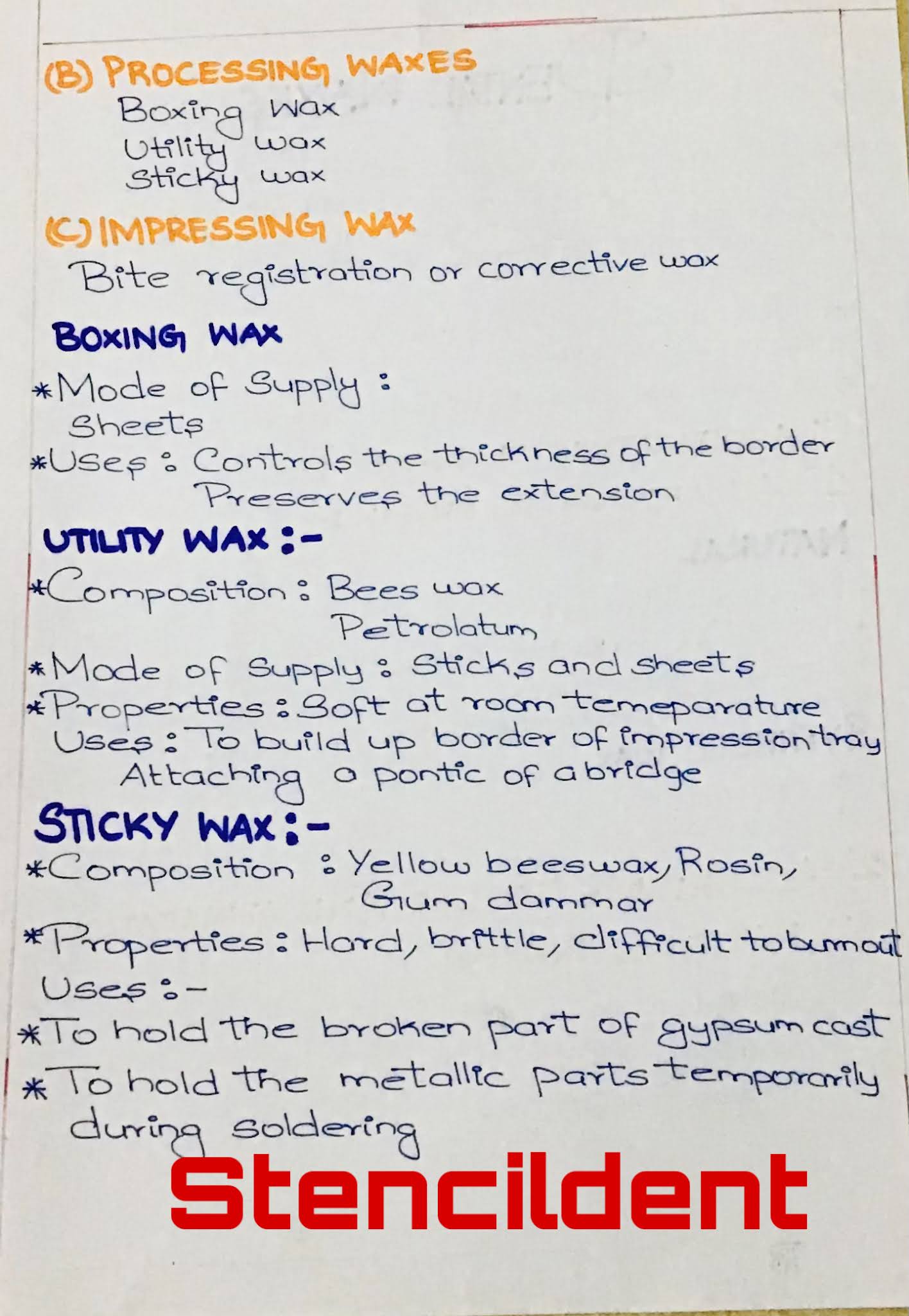 DENTAL WAXTYPES,INLAY WAX IN DETAIL NOTES