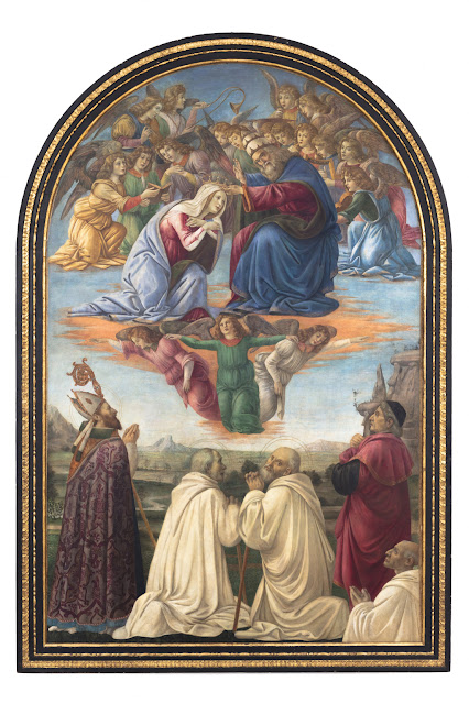  Alessandro Filipepi dit Botticelli (vers 1445 – 1510) et atelier, Le Couronnement de la Vierge avec saint Juste de Volterra, le bienheureux Jacopo Guidi de Certaldo, saint Romuald, saint Clément et un moine camaldule, vers 1492, tempera et huile sur bois transféré sur toile, 269,2 x 175,3 cm, Miami Beach, Collection of The Bass, Don de John & Johanna Bass © Photo by Zaire ArtLab