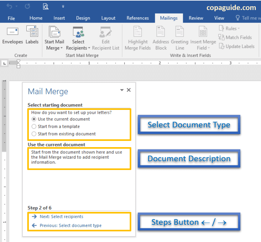 Mail Merge Wizard select starting document in MS-Word Hindi Notes