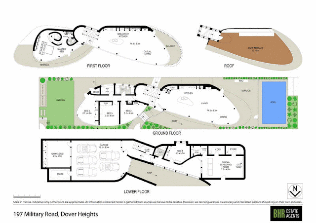 Site plan and floor plans of the modern house