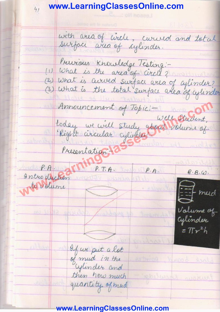 Lesson Plan for Maths Class 9 PDF on Volume of Right Circular Cylinder