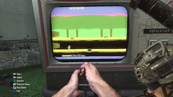 Em Black Ops II você irá encontrar mais um easter egg, mas este está relacionado com o clássico videogame Atari, onde você poderá jogar alguns games como Pitfall, H.E.R.O, Kaboon! e River Raid. Em Black Ops II você irá encontrar mais um easter egg, mas este está relacionado com o clássico videogame Atari, onde você poderá jogar alguns games como Pitfall, H.E.R.O, Kaboon! e River Raid.