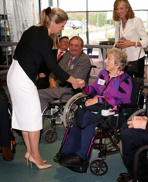 Sophie, Countess of Wessex meets Margaret Maughan, Britain's first ever gold medallist at the Paralympic Games, during a visit to WheelPower at the Stoke Mandeville Stadium