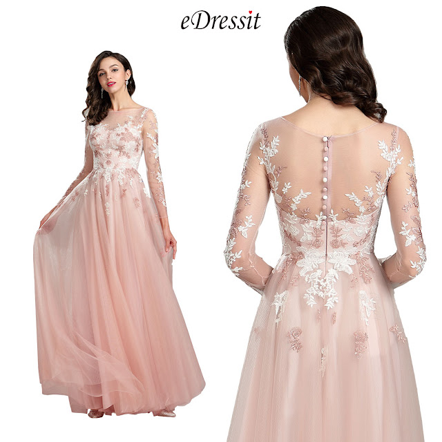 Pink Long Sleeve Lace Evening Prom Dress