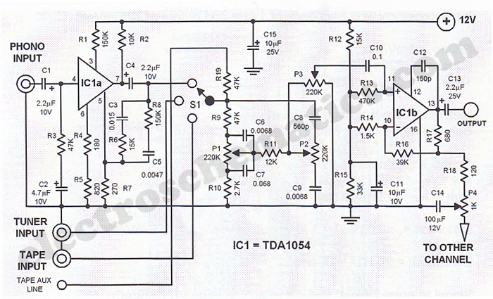 TDA1054 Hi Fi Stereo Preamplifier |simple schematic diagram