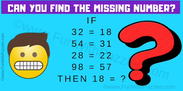 CAn you find the missing number? If 32=18, 54=31, 28=22, 98=57 Then 18 = ?