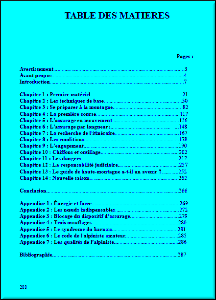 Table des matière du manuel d'alpinisme