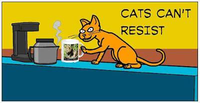 Cartoon (panel 5) of Cat Ordering Mug from Zazzle "Proud of Saving Animals" by RoseWrites