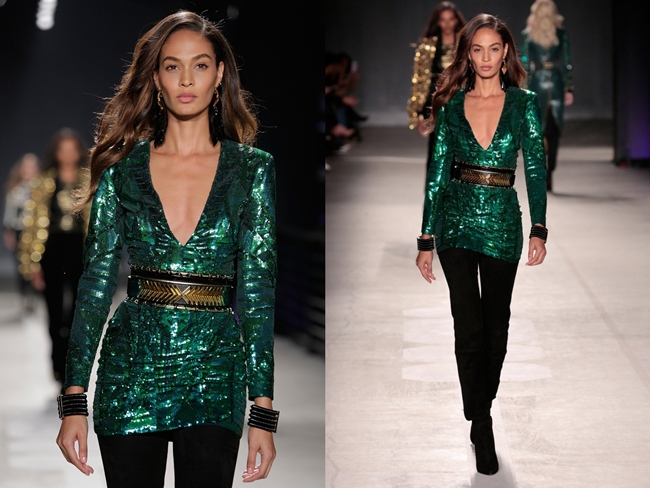 H&M × Balmain 2015 Fall New York Runway Show, Joan Smalls Balmain×H&M Fall 2015 Green Sequin-Embroidered Dress on Runway