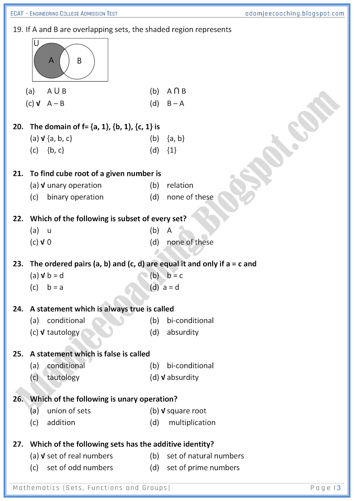 Adamjee Coaching ECAT Mathematics [Sets, Functions and Groups] Mcqs
