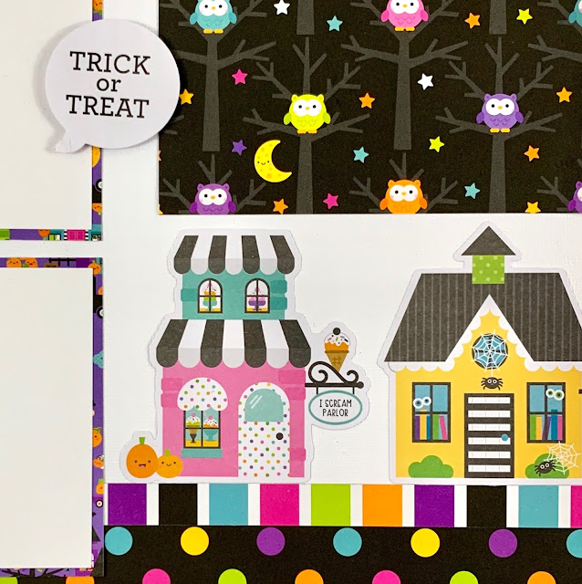 12x12 Halloween Scrapbook Page with houses, trees, and owls