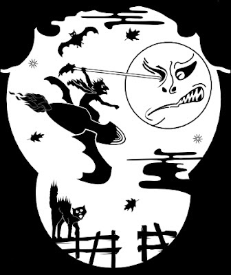 Witch on a rocket pokes the moon in the eye in image by Robert Aaron Wiley for #4 Halloween lantern by Bindlegrim