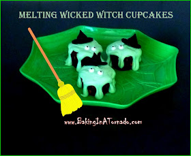 Melting Wicked Witches Cupcakes: rich chocolate syrup cupcake with a sweet melting wicked witch frosting. Garnished with candy eyes and an edible witch's hat | Recipe developed by www.BakingInATornado.com | #recipe #Halloween