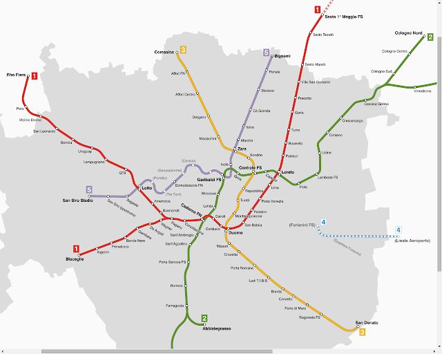 Milan Metro system geographic map of lines and stations