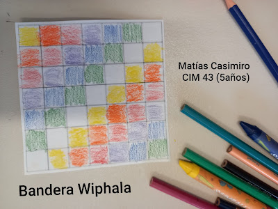 Foto en donde se observa el dibujo de la  bandera Wiphala pintada con lápices y crayones de colores. En la imagen, además, se muestran lápices y crayones. También dice Bandera Wiphala. Matías Casimiro. CIM 43. 5 años