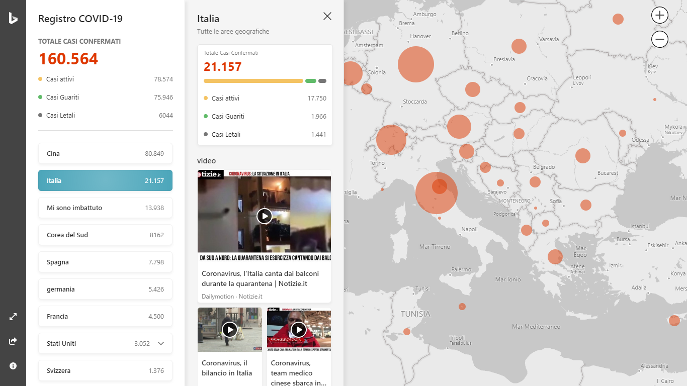 Coronavirus, mappa e info in tempo reale su Bing