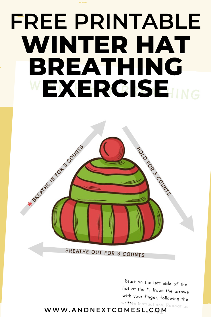 Winter hat deep breathing exercise for kids with free printable mindfulness poster
