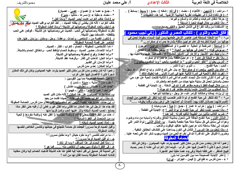 مراجعة ليلة امتحان اللغة العربية للصف الثالث الاعدادى آخر العام في 17 ورقة فقط 1_008