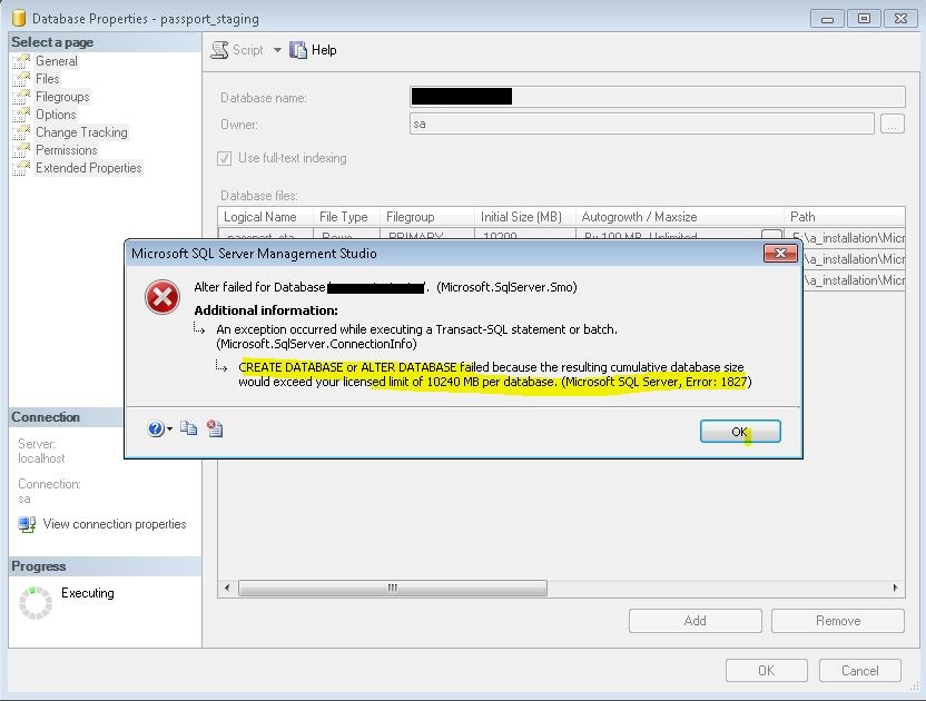 Knowledge Is Here SQLSERVER Licensed Limit Of 10240 MB Per Databae