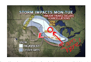 Weather map showing the band of storm impact. A big red circle in the center of the heaviest impact zone, with an arrow that says "I am here!"  Map taken directly from accuweather.com.