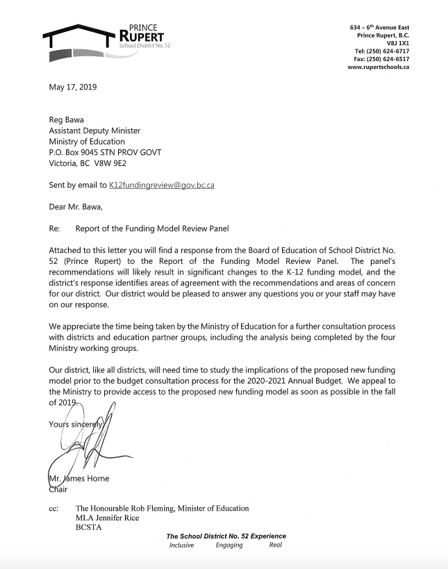 North Coast Review SD52 Board Chair in a letter writing mood; with two