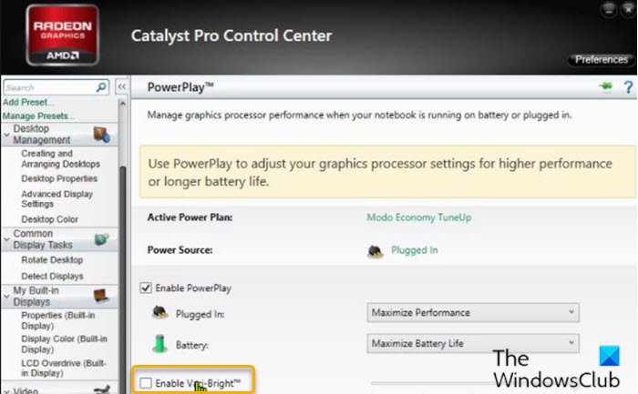 Desactive la configuración Vari-Bright en Catalyst Control Center