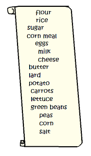 parchment showing a list of items: flour, rice, sugar, corn meal, eggs, milk, cheese, butter, lard, potato, carrots, lettuce, green beans, peas, corn, salt