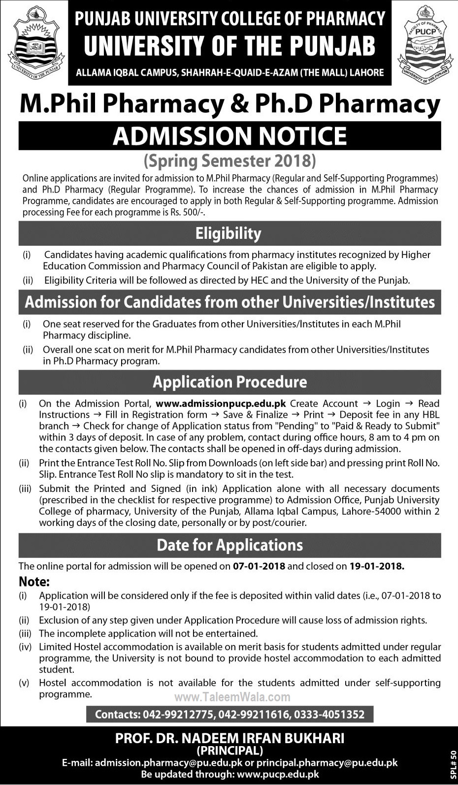 Admissions Open in Punjab University College of Pharmacy - Lahore