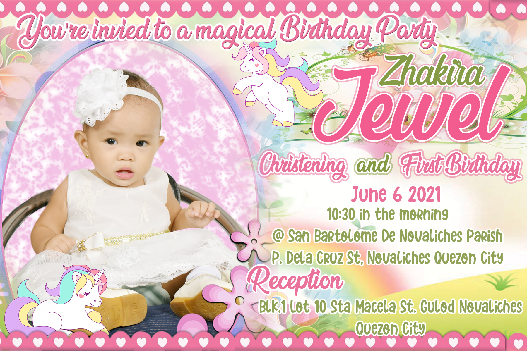 Unicorn Invitation for Christening and First Birthday