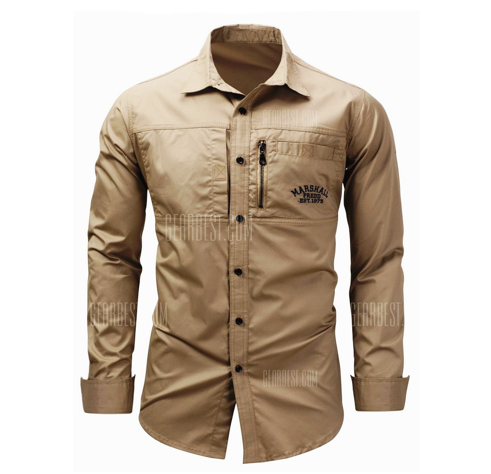 Turndown Collar Zipper Design Embroidered Cargo Shirt - KHAKI