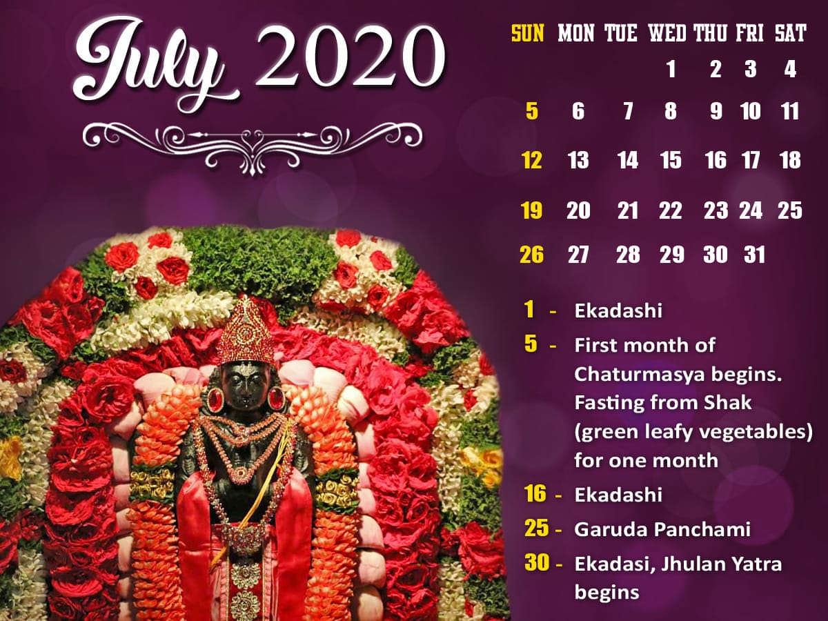 krishna1008 July 2020 Vaishnava Calendar (+ daily lectures link)