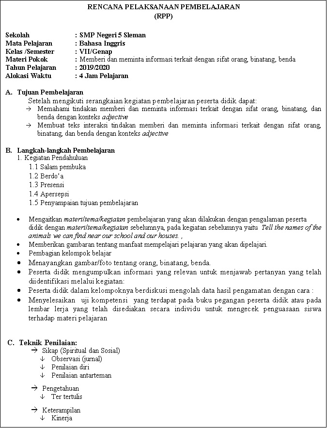 SMP NEGERI 5 SLEMAN Contoh RPP 1 Lembar
