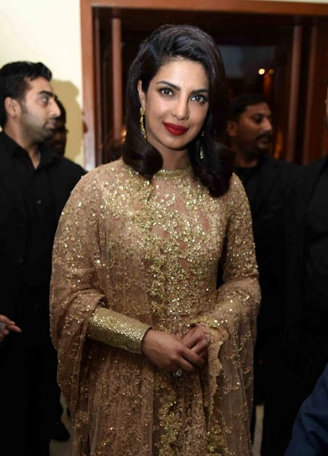 Bollywood Actress Saree Collections: Priyanka Chopra in Golden Embellished Sabyasachi Anarkali Suit