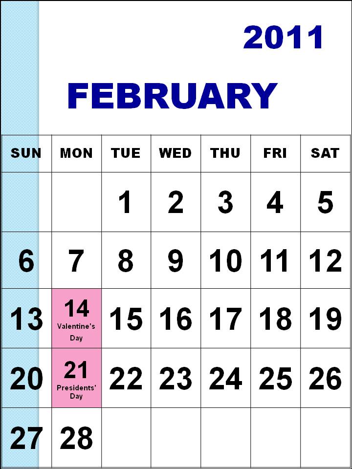 February 2011 Calendar. Holidays in February, 2011: