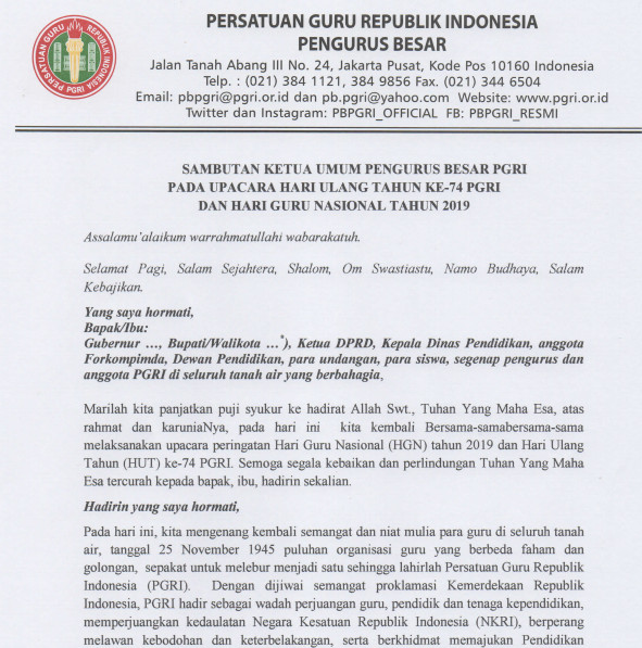 Pidato Sambutan Upacara Hari Guru Nasional 2019 Dan Hut Pgri Ke 74 Informasi Pendidikan Dan Dunia Kerja