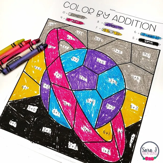 Grab your free color by number worksheets now! These free space themed color by addition printables are perfect for kindergarten, first grade and even second grade. They are a great way to practice math facts, build fluency, and have some fun!