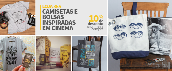 Banner da loja 365 filmes exibindo camisetas e bolsas com temáticas inspiradas no cinema