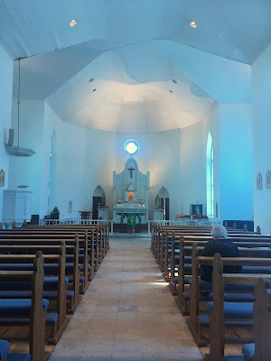 Mary's church, texas, blue interior and blue stained glass light