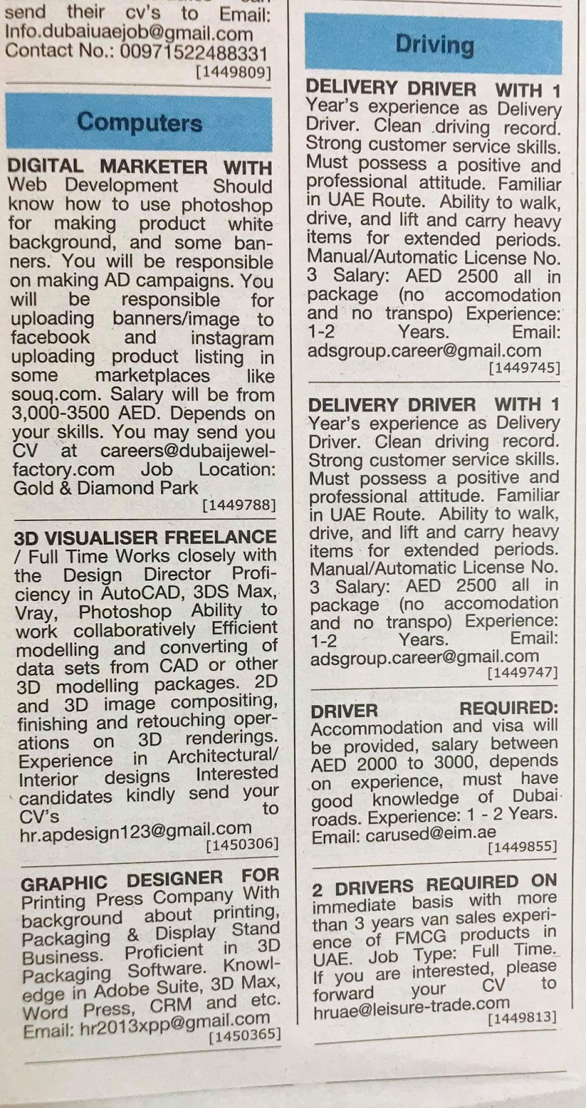Required Following Staff For Uae Jobs Local Hiring Khalej Times