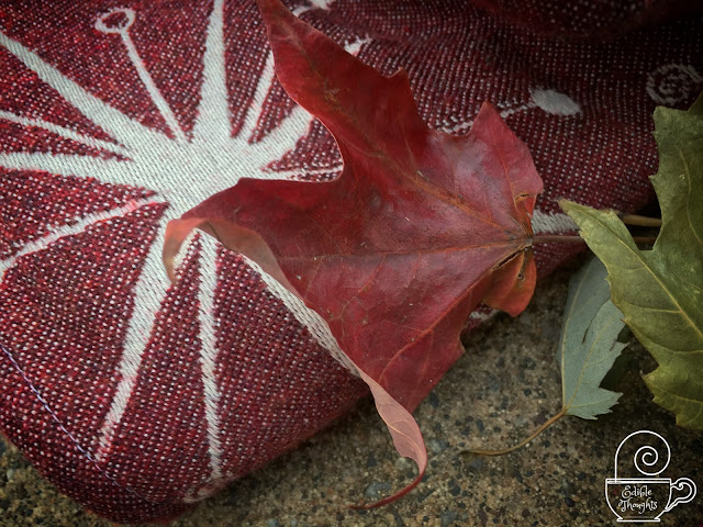 [Image of a maroon and ecru wool blend woven wrap patterned with a large star burst laying on a concrete ground with a fallen red autumn leaf on top and a crunchy greenish autumn leaf nearby. The many shades of red threads are so so lovely.]